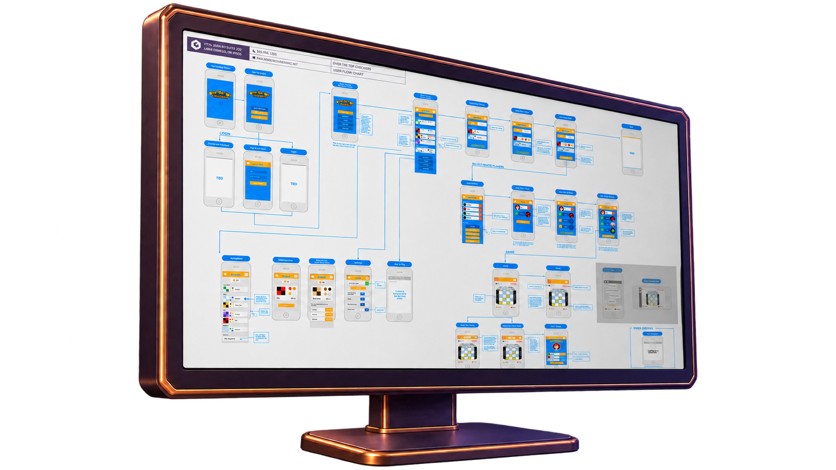Monitor showing interface wireframes and screen flows